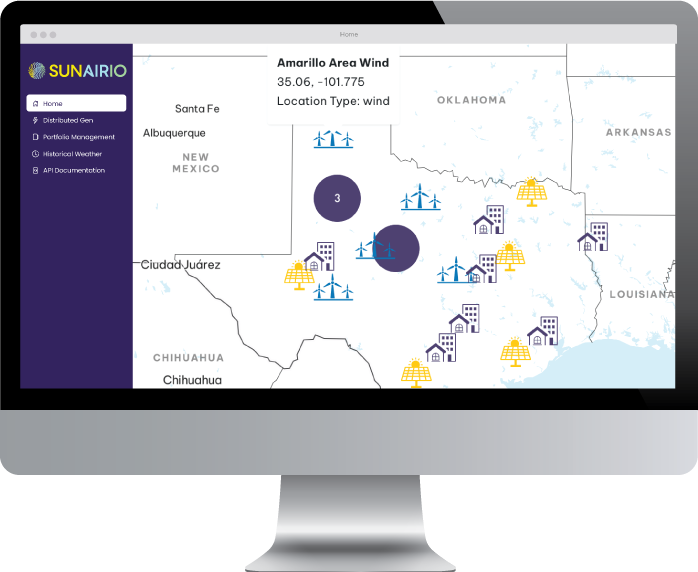 a computer screen shows the Sunairio UI zoomed in a map of Texas with solar, wind, and load icons