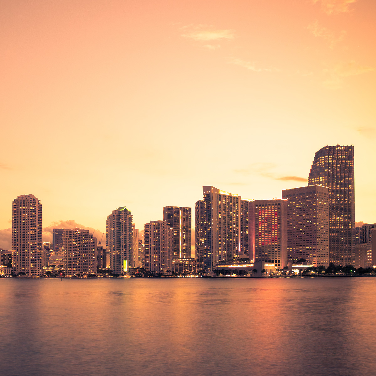 An urban city skyline after sunset