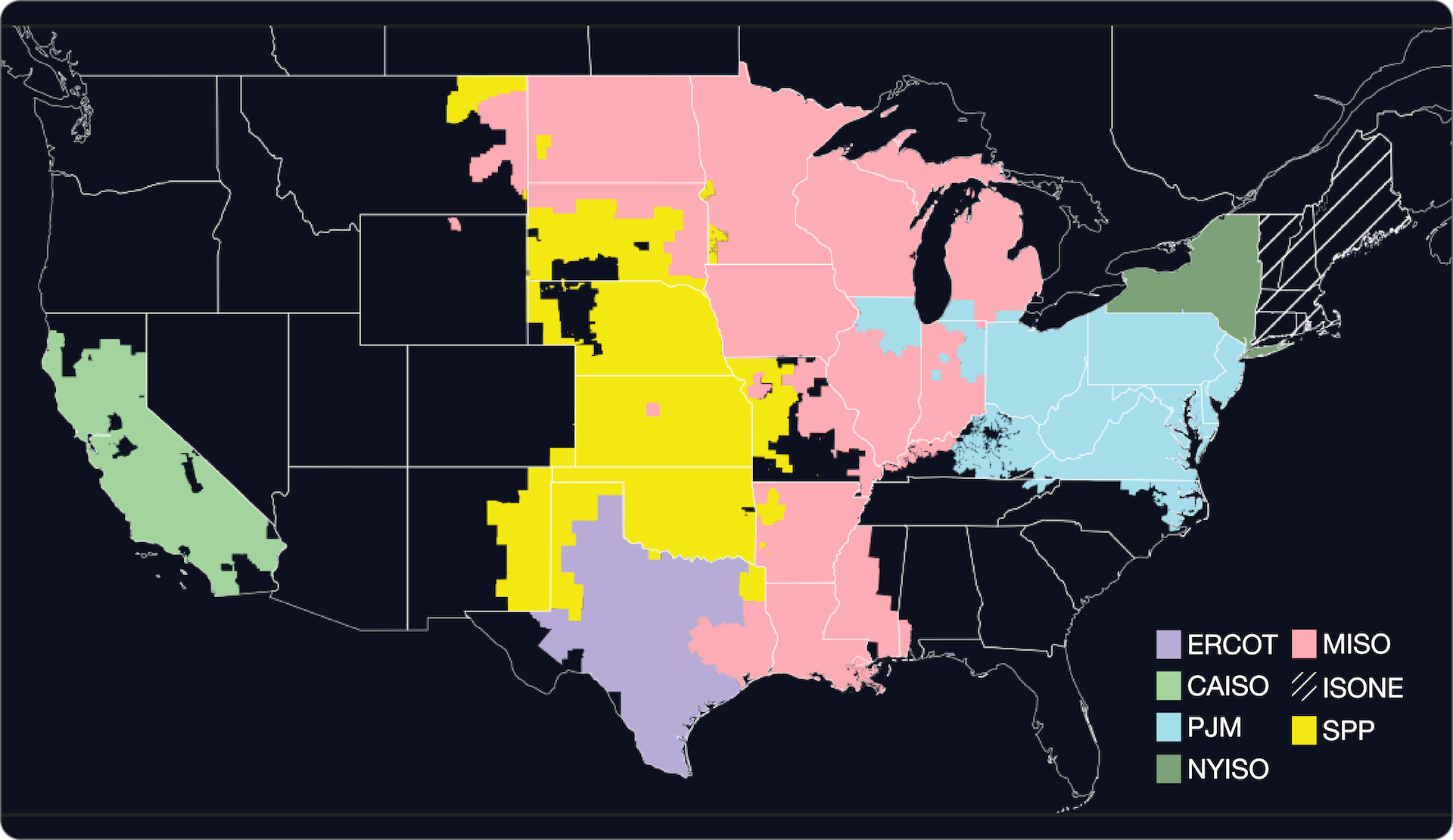 RTO and ISO map of Sunairio grid coverage