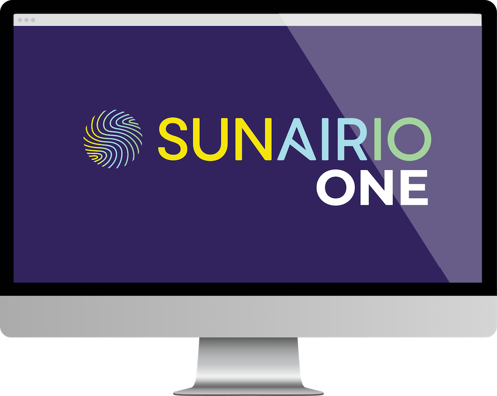The Sunairio ONE logo on a purple desktop computer screen