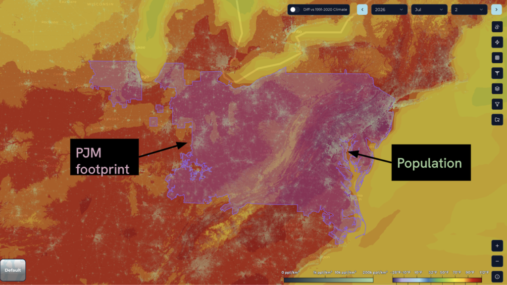 Figure 2. Sunairio High-resolution Earth Data (SHED) 2m daily max historical temperature contours for July 2, 2026. Also overlaid are the PJM RTO footprint boundary and high-resolution gridded population data. 
